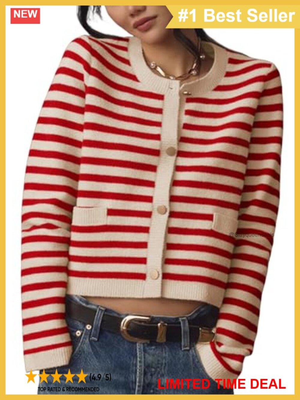Striped Knit Cardigan Sweater Crew Neck Long Sleeve Button Front Lightweight